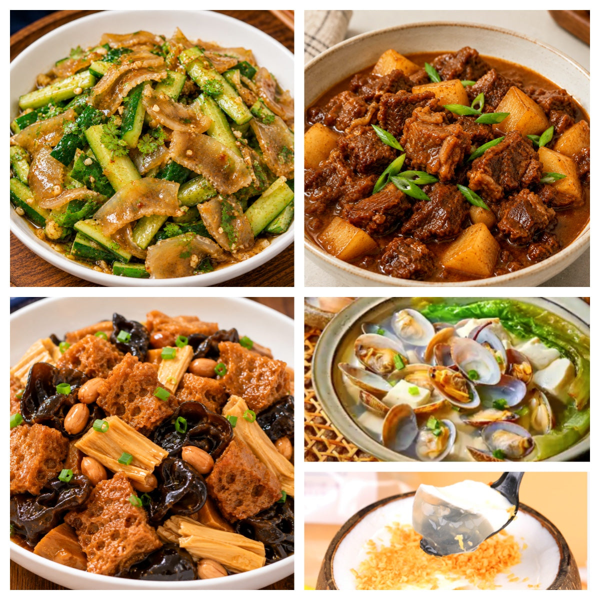 07月09日 周四家乡菜:沙茶土豆牛腩煲、四喜烤麸、凉拌牛筋黄瓜、花蛤豆腐汤(赠品:椰子冻)