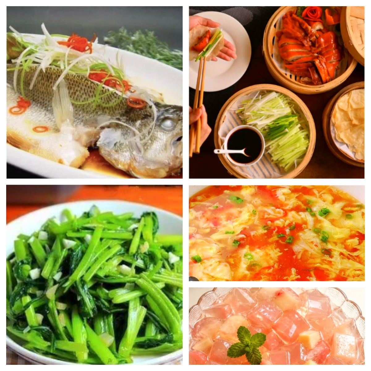 07月23日 周四家乡菜:清蒸鲈鱼、北京片皮鸭、蒜蓉空心菜、番茄蛋花汤(赠品:桃子冻)