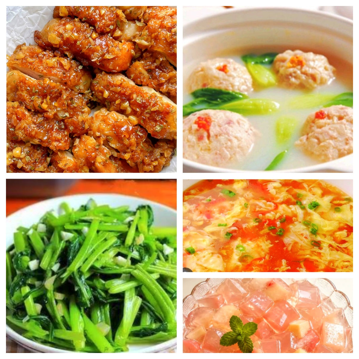 07月23日 周四经典回归:蜂蜜黄油鸡、清汤狮子头、蒜蓉空心菜、番茄蛋花汤(赠品:桃子冻)