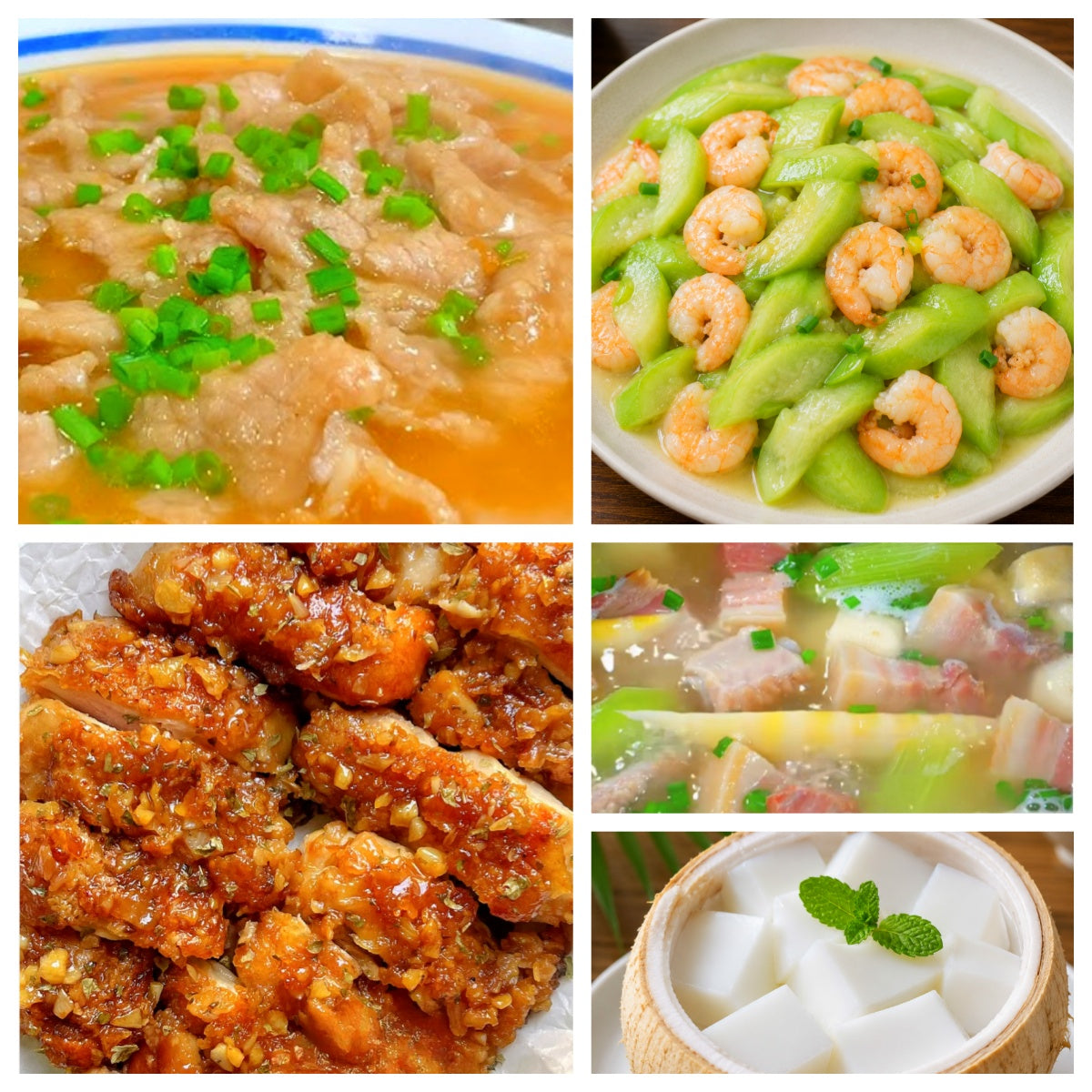 07月01日 周三家乡菜:水煮肉片、蜂蜜黄油脆皮鸡、虾仁炒丝瓜、腌笃鲜(赠品:椰子冻)