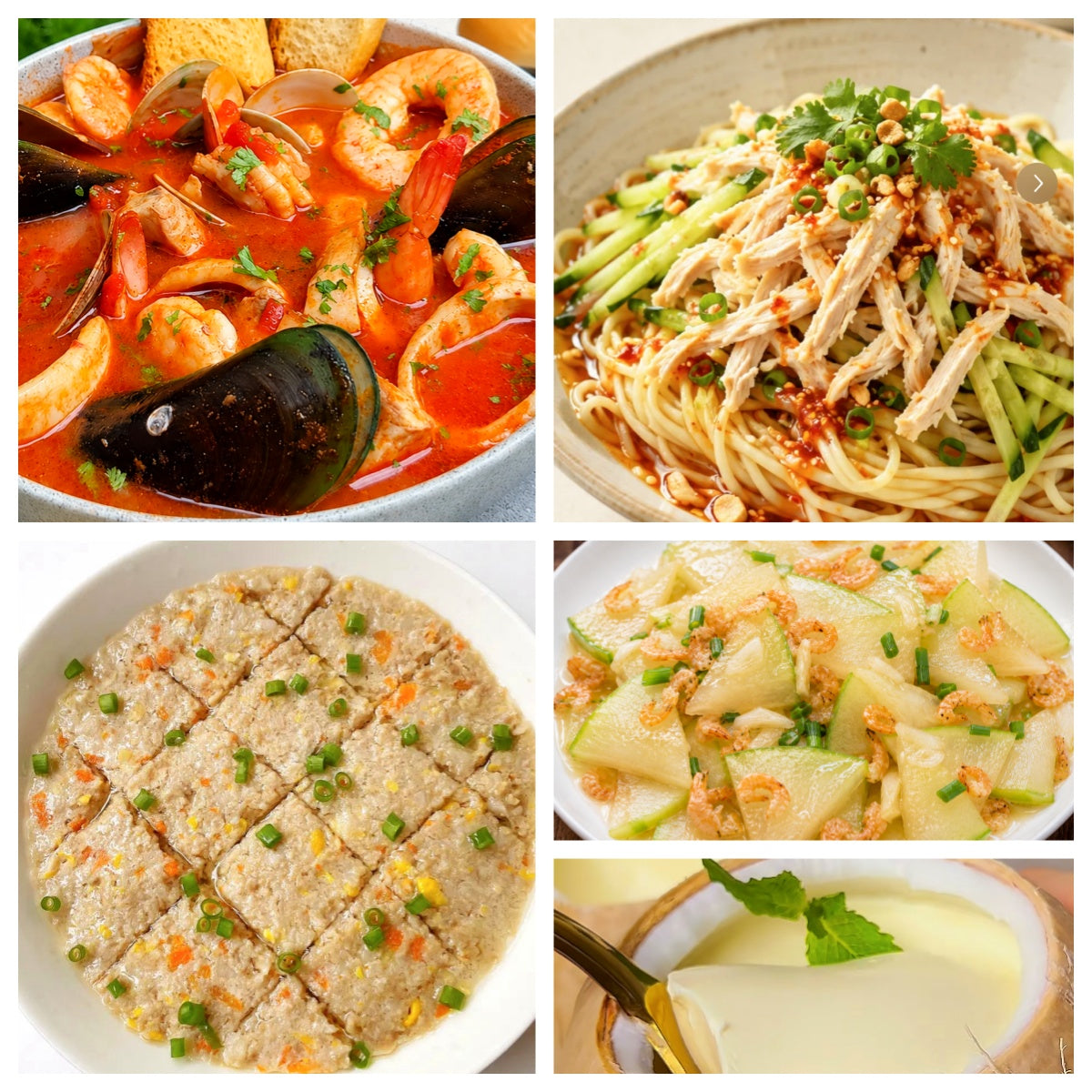 07月08日 周三家乡菜:意式海鲜大烩、肉饼莲藕蒸蛋、虾米炒冬瓜、鸡丝凉面(赠品:椰子冻)
