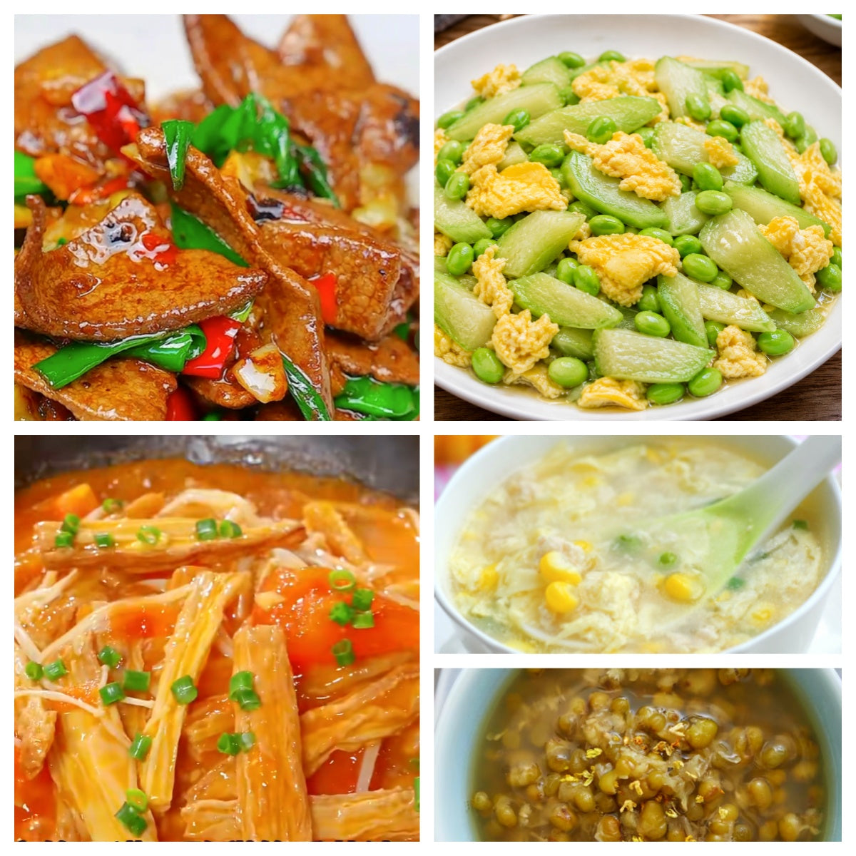 07月07日 周二麻辣鲜香:🌶️土匪猪肝、金针菇番茄炖腐竹、丝瓜毛豆炒鸡蛋、鸡茸玉米羹(赠品:冰糖绿豆汤)