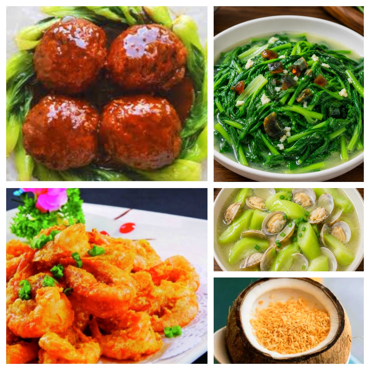 07月14日 周二家乡菜:红烧狮子头、咸蛋黄大虾、上汤菠菜、丝瓜白蚬子汤(赠品:椰子冻)