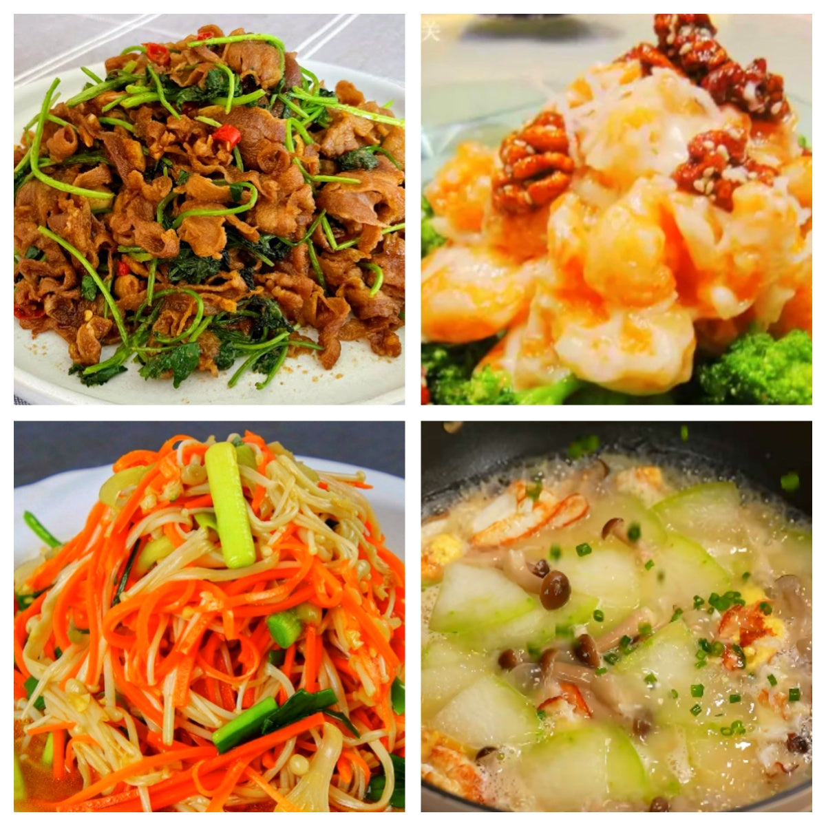 06月24日 周三麻辣鲜香:🌶️ 孜然羊肉、核桃虾、凉拌三丝、三鲜冬瓜汤