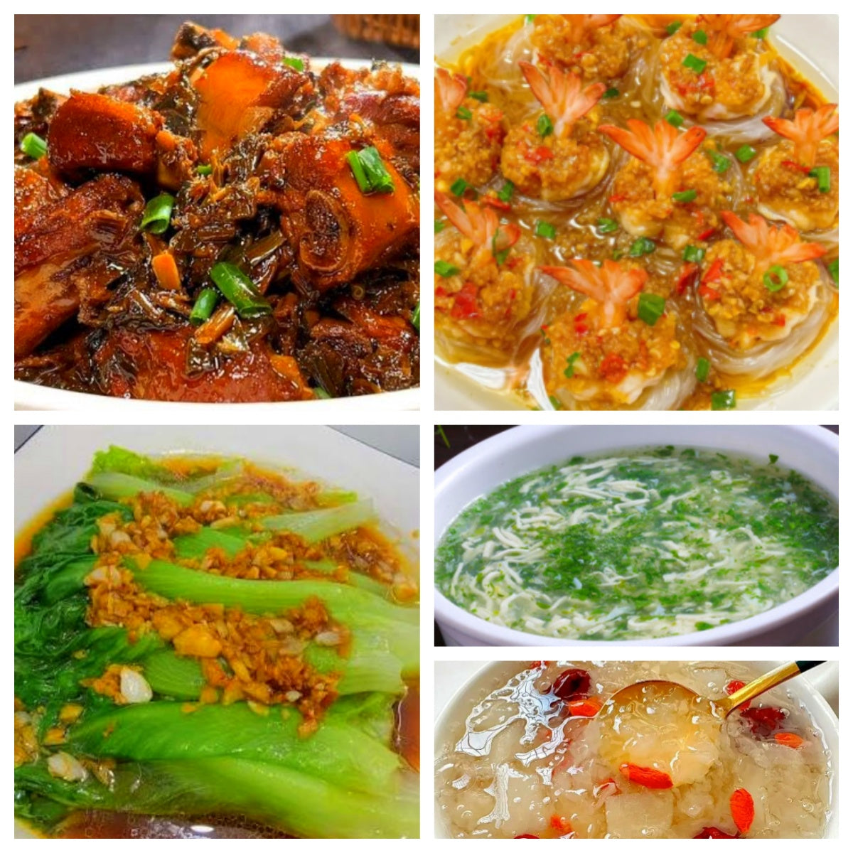 07月21日 周二经典回归:梅干菜酱排骨、蒜蓉粉丝蒸大虾、蚝油生菜、荠菜鱼丝豆腐羹(赠品:银耳羹)