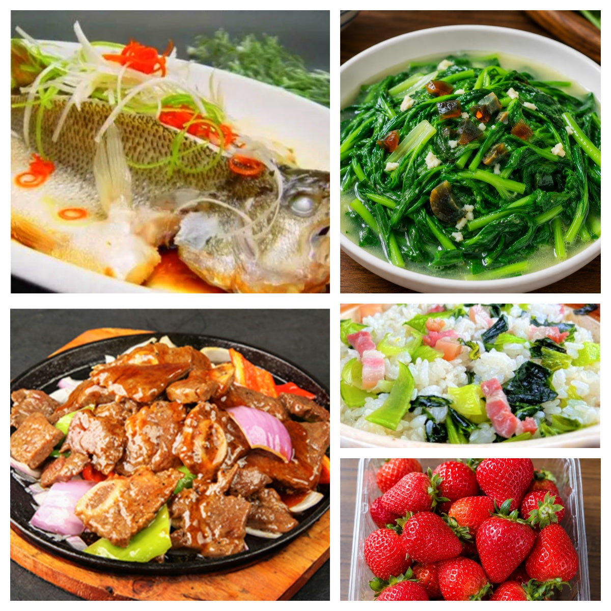 06月30日 周二经典回归: 清蒸鲈鱼、黑椒牛仔骨、上汤菠菜、上海菜饭(赠品:草莓一盒)