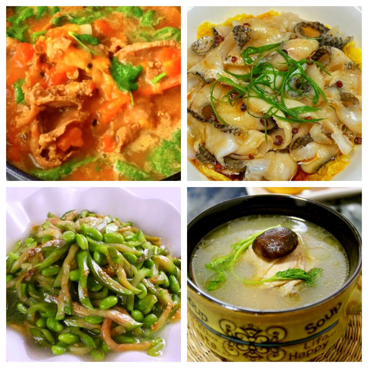 06月22日 周一家乡菜：百香果酸汤肥牛、葱油鱼片、茄子青椒毛豆子、养身香菇鸡汤