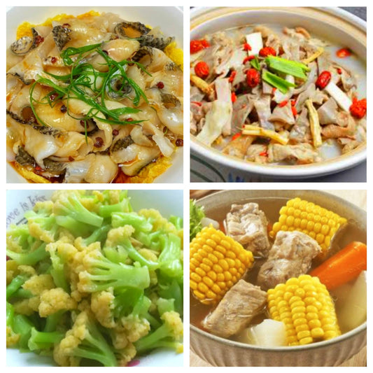 12月08日 周一家乡菜：葱油鱼片、白胡椒猪肚鸡、清炒菜花、玉米胡萝卜排骨汤