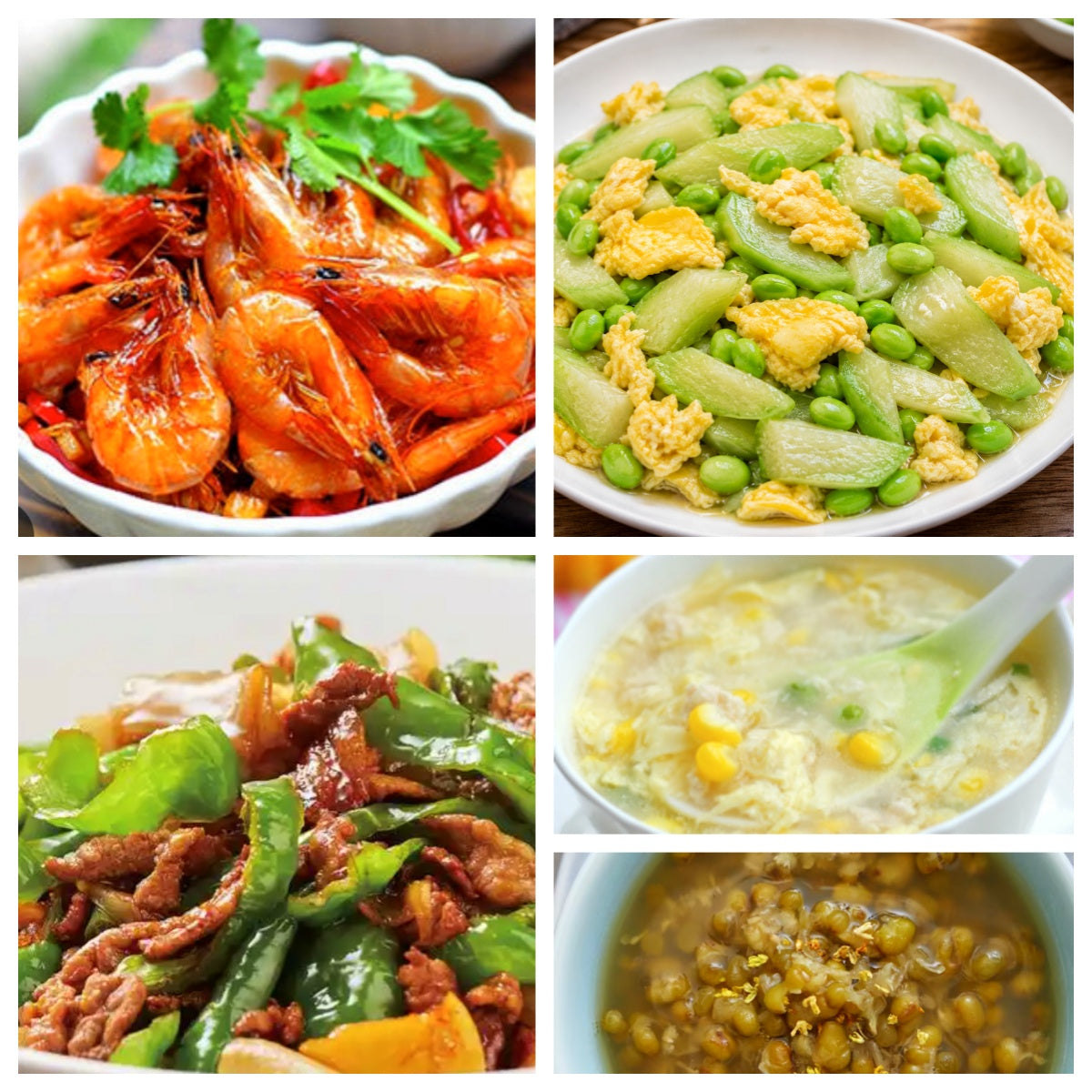 07月07日 周二经典回归: 螺丝椒小炒肉🌶️、油爆虾、丝瓜毛豆炒鸡蛋、鸡茸玉米羹（赠品：冰糖绿豆汤）