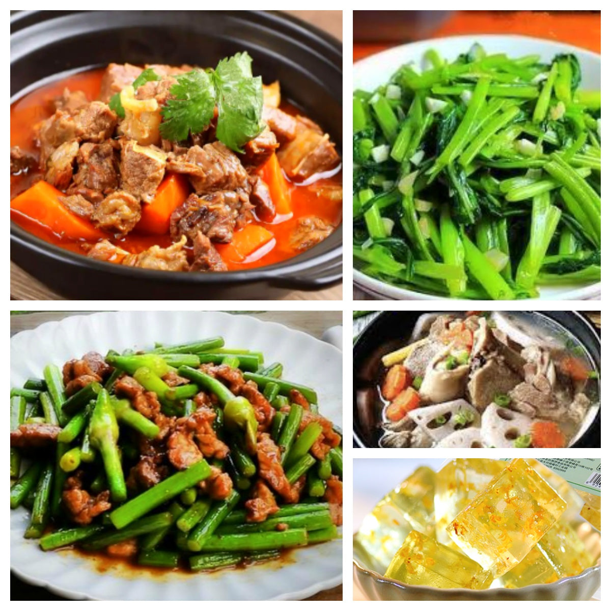 07月15日 周三家乡菜：红烧萝卜牛腩、蒜苗炒肉、蒜蓉空心菜、双莲排骨汤（赠品：桂花冻）