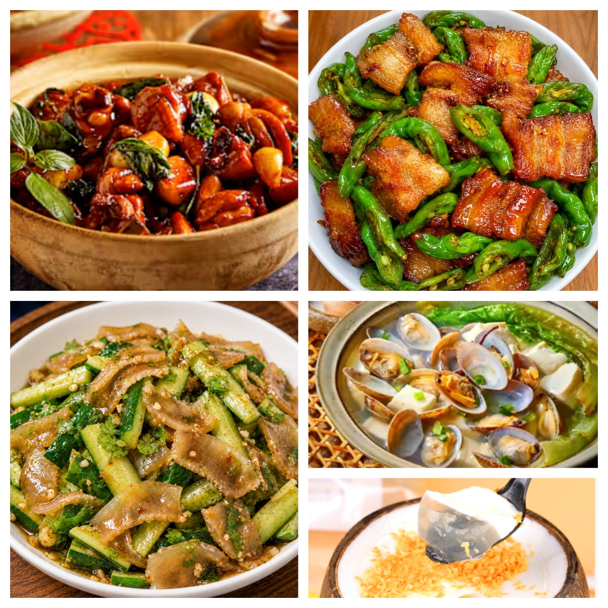 07月09日 周四麻辣鲜香：🌶️螺丝椒香干炒五花肉、三杯鸡、凉拌牛筋黄瓜、花蛤豆腐汤（赠品：椰子冻）