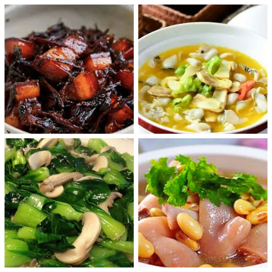 12月10日 周三家乡菜：梅干菜烧肉、菌菇鱼片、蘑菇菜心、蹄花汤