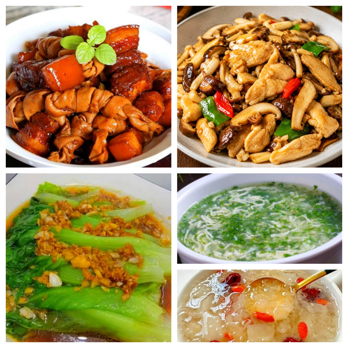07月21日 周二家乡菜：百叶结红烧肉、杂菌炒鸡片、蚝油生菜、荠菜鱼丝豆腐羹（赠品：银耳羹）