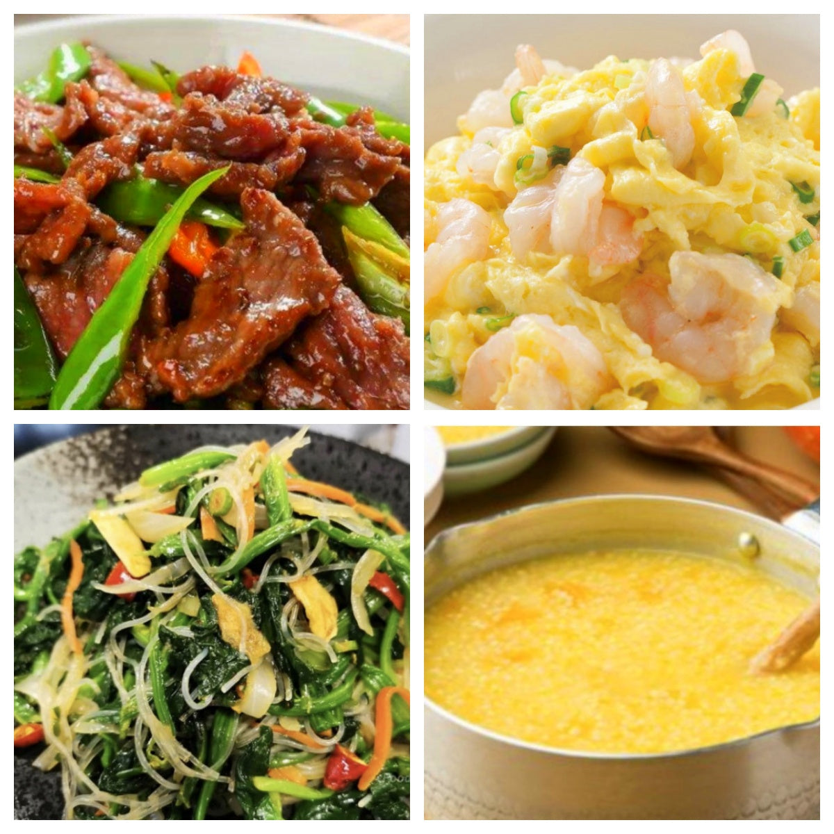 06月16日 周二家乡菜：五彩牛肉、滑蛋虾仁、菠菜粉丝、南瓜粥
