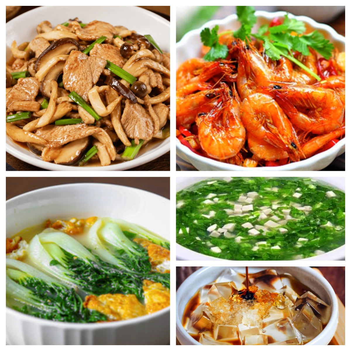07月28日 周二家乡菜：油爆虾、菌菇肉片、上汤奶白菜、荠菜豆腐羹（赠品：冰粉）