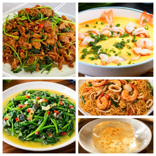 08月05日 周三麻辣鲜香：🌶️孜然羊肉、凤尾虾蒸蛋、上汤菠菜、海鲜炒米粉（赠品：桂花冻）