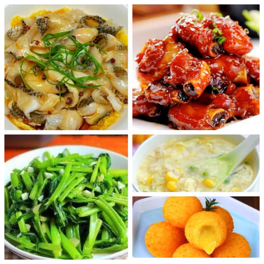 08月04日 周二经典回归：葱油黑鱼片、糖醋小排、空心菜、鸡茸玉米羹（赠品：炸榴莲球）