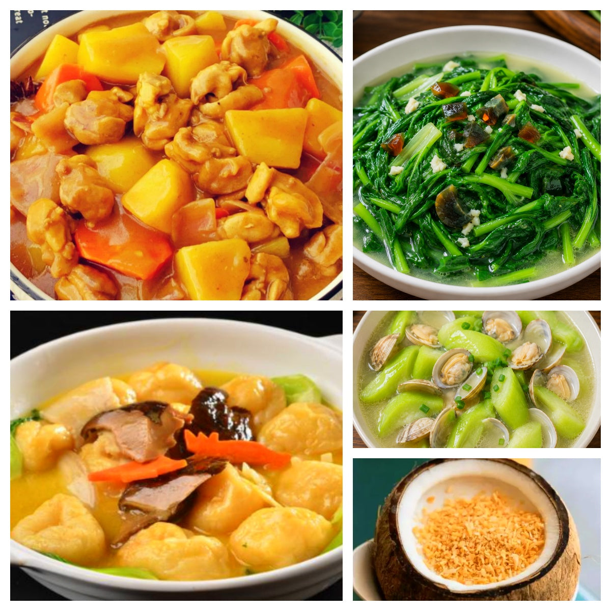 07月14日 周二经典回归：咖喱土豆鸡块、三鲜鱼面筋、上汤菠菜、丝瓜白蚬子汤（赠品：椰子冻）